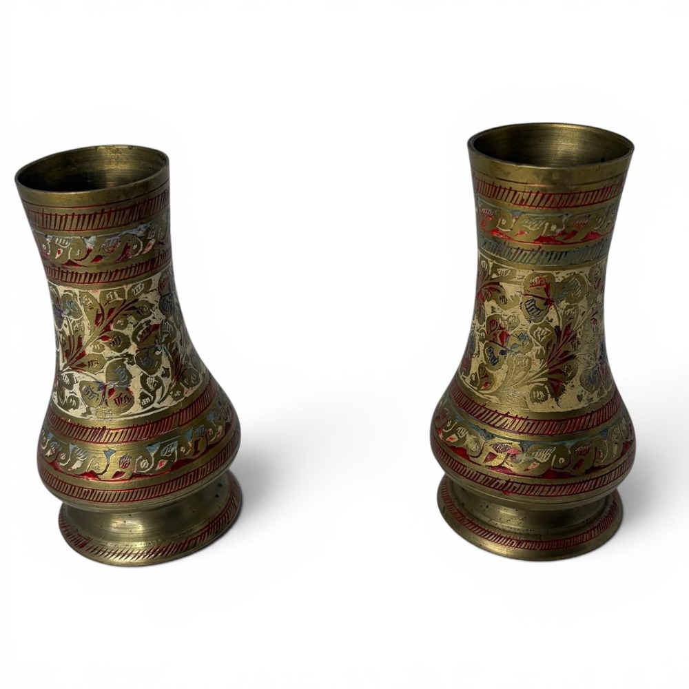 Vintage Engraved Brass‎ Bud Vases Pair Indian Floral Enamel Decor 4.25"